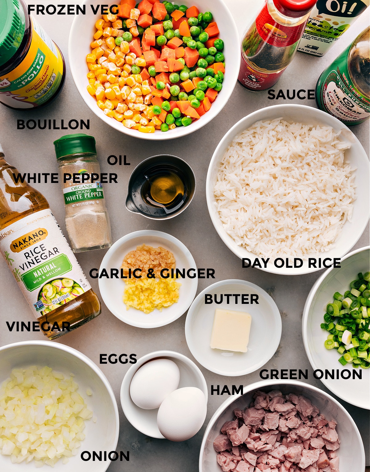 Ingredients In Ham Fried Rice Ingredients used in this dish prepped out ready to be used.