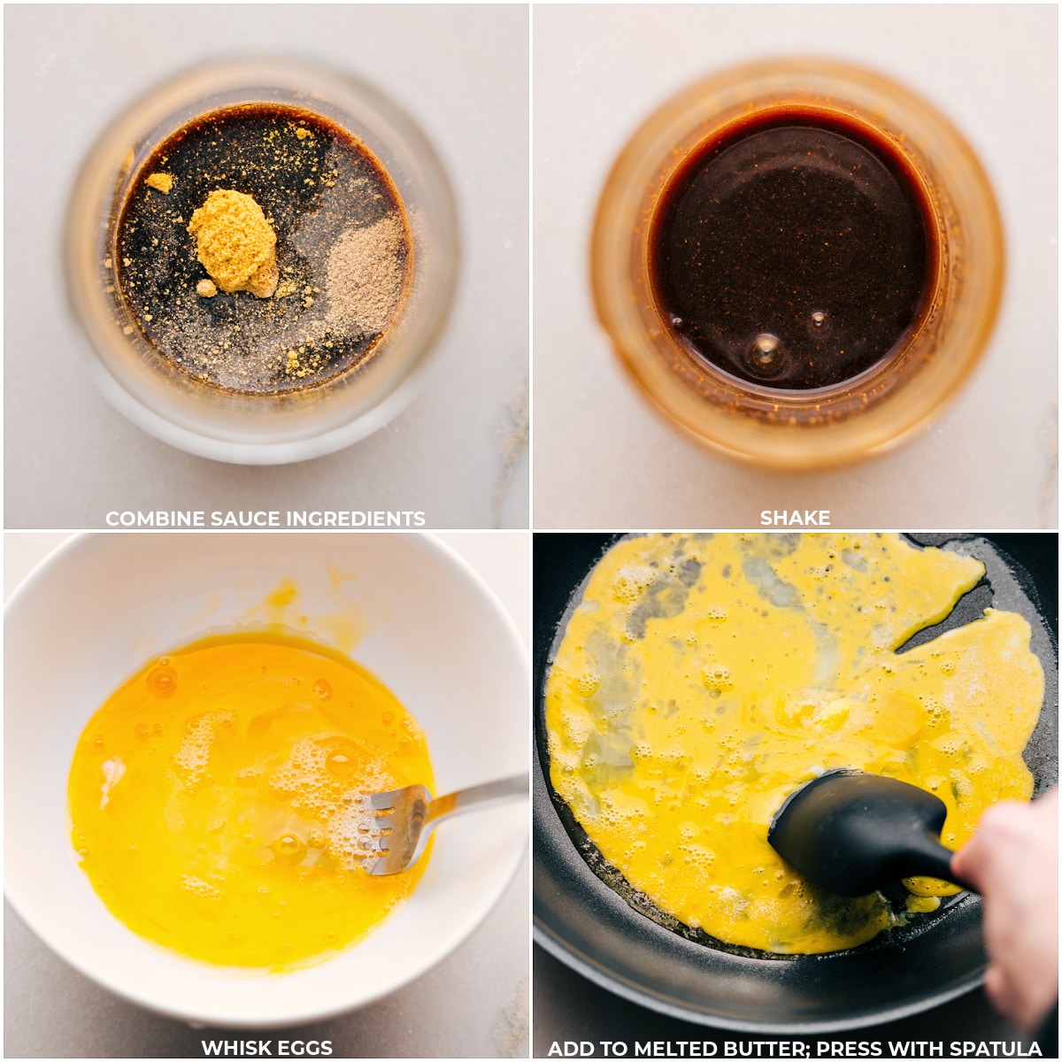 Making Ham Fried Rice Sauce ingredients being combined, and eggs being cooked for Ham Fried Rice.