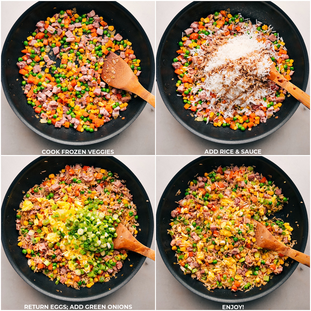 Creating The Best Ham Fried Rice Frozen veggies being added, then rice, sauce, eggs, and onions being added to the pot for the Ham Fried Rice.