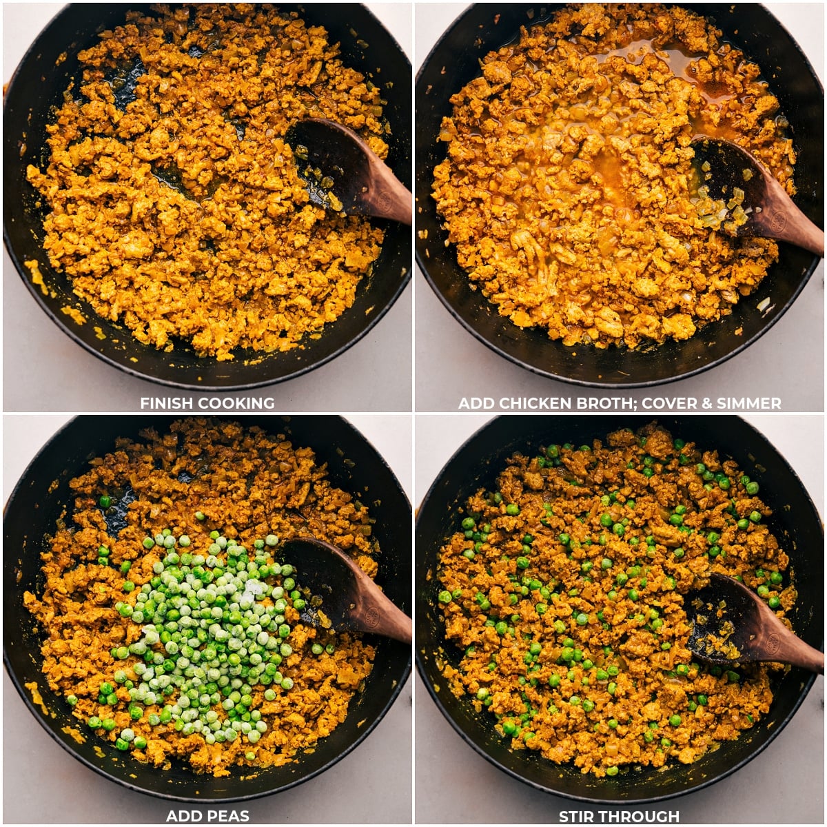 Simmering Indian Ground Turkey with Chicken Broth and Peas The meal continues cooking while simmering in chicken broth; peas are added, creating a flavorful and savory dish.