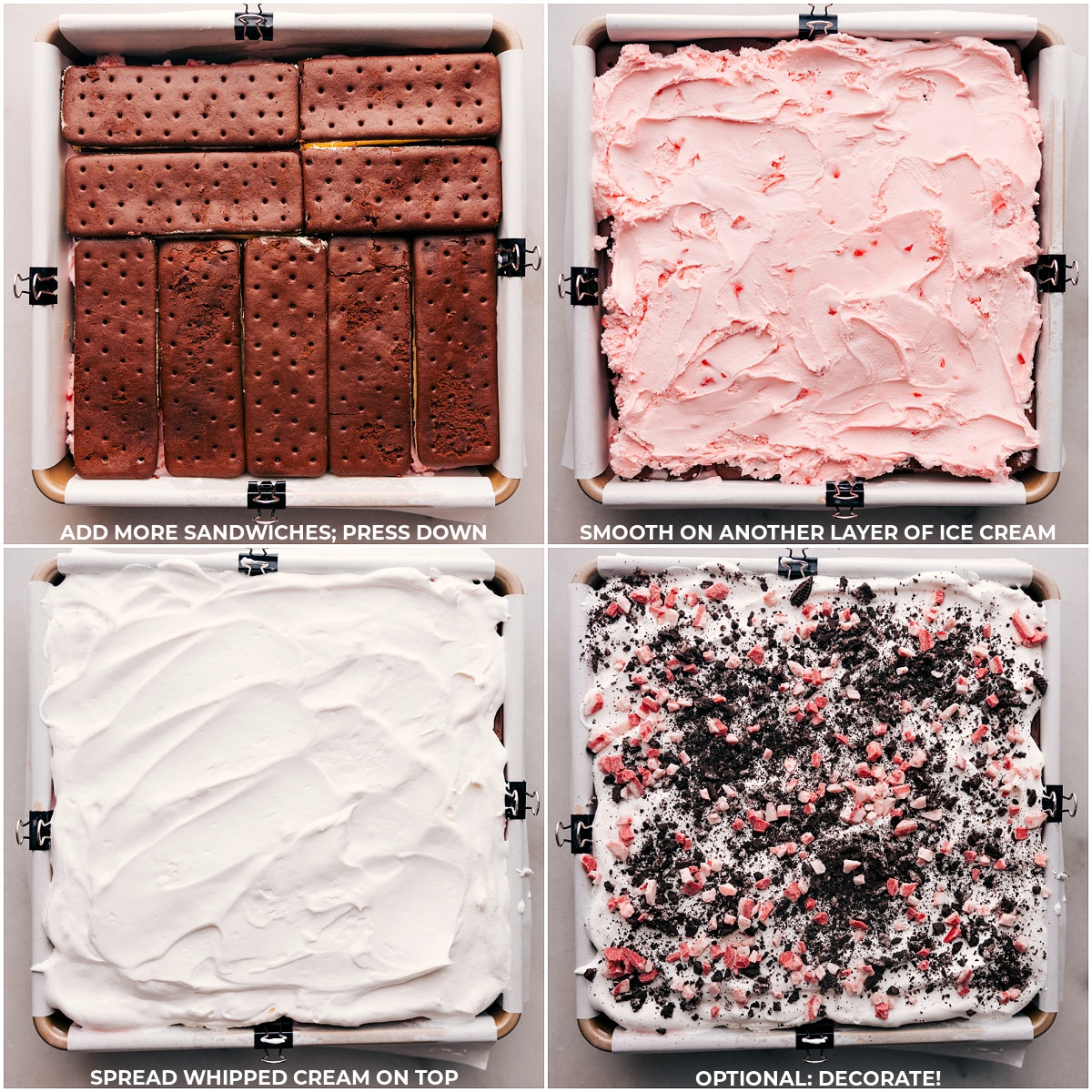 Finalizing Peppermint Ice Cream Bars with Whipped Cream and Toppings Repeating the steps to create layers, and finally spreading whipped cream, with the optional addition of crushed oreos and mint candies as delightful toppings.