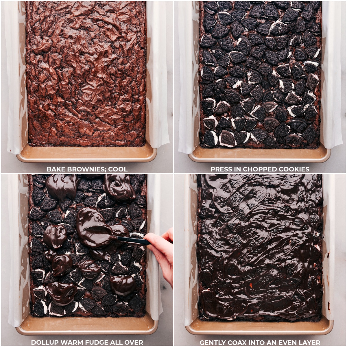 Preparing Layered Peppermint Brownie Ice Cream Bars Perfectly baked brownies cooling while still in the tray, with chopped peppermint Oreo cookies being pressed in, followed by an even layer of warm fudge spread over the top, prepping for the next stage of the assembly.