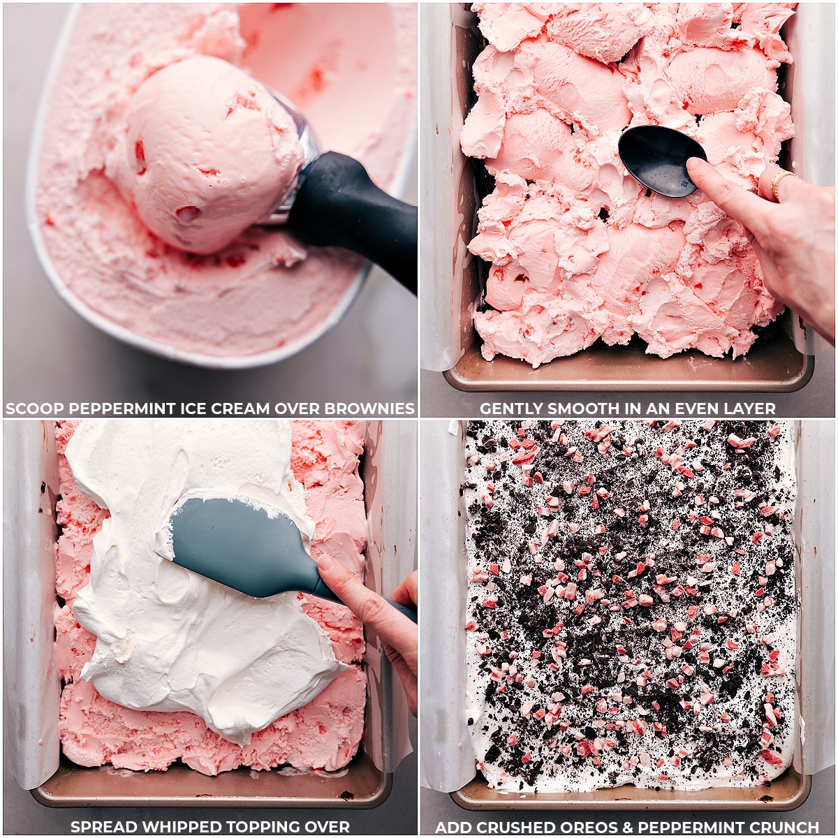 Layering Peppermint Ice Cream over Brownies Peppermint ice cream being scooped over cooled brownies and smoothed into an even layer, then topped with a generous amount of whipped topping, crushed Oreos, and peppermint pieces for a festive and indulgent dessert.