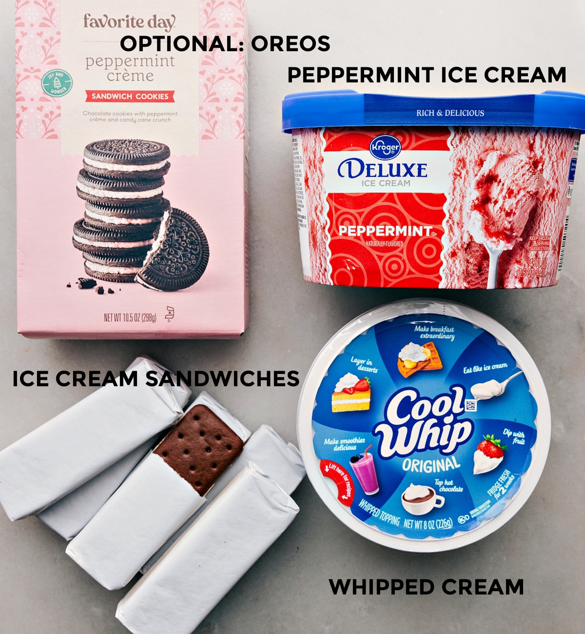 Ingredients for Three-Ingredient Peppermint Ice Cream Bars A collection of ingredients used in this no-bake treat, including the optional addition of Oreos as a topping.