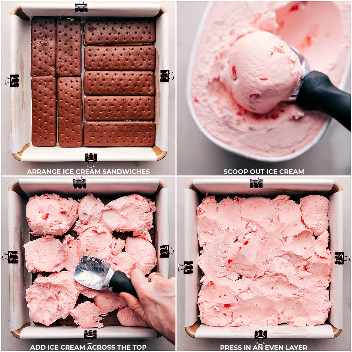 Layering Ice Cream Sandwiches for Peppermint Ice Cream Bars Layering ice cream sandwiches, scooping in peppermint ice cream, and pressing everything together into one cohesive layer to create these delicious and flavorful Peppermint Ice Cream Bars.
