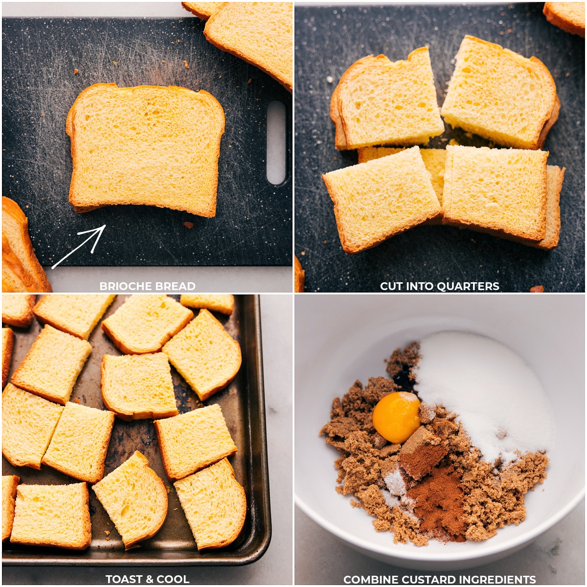 Our Favorite Raspberry Bread Pudding Recipe Ingredients laid out to prepare this dessert.