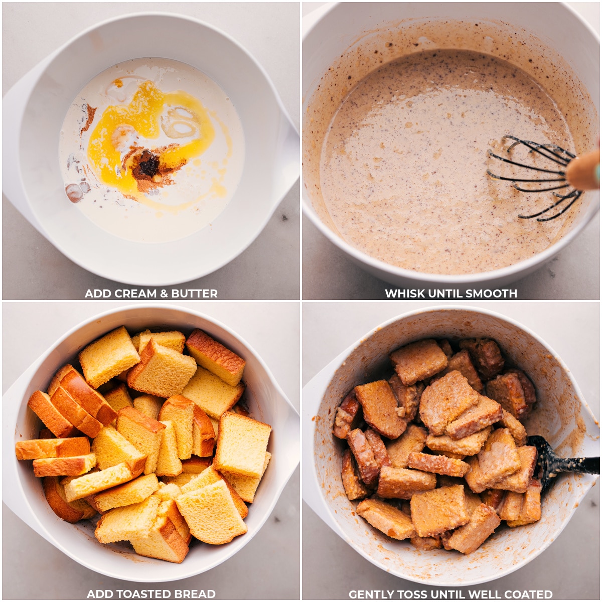 Making Raspberry Bread Pudding Cream and butter being added to the custard and it all being poured over the slices of bread.