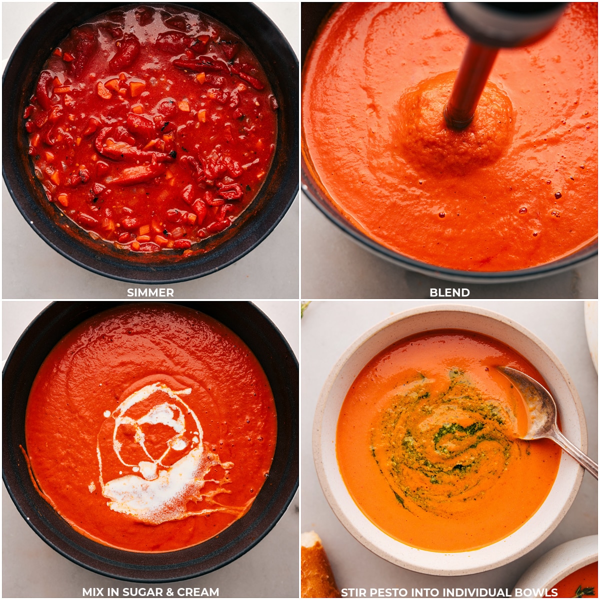 Roasted Red Pepper Soup being made Dish being blended together, then sugar and cream being mixed together.