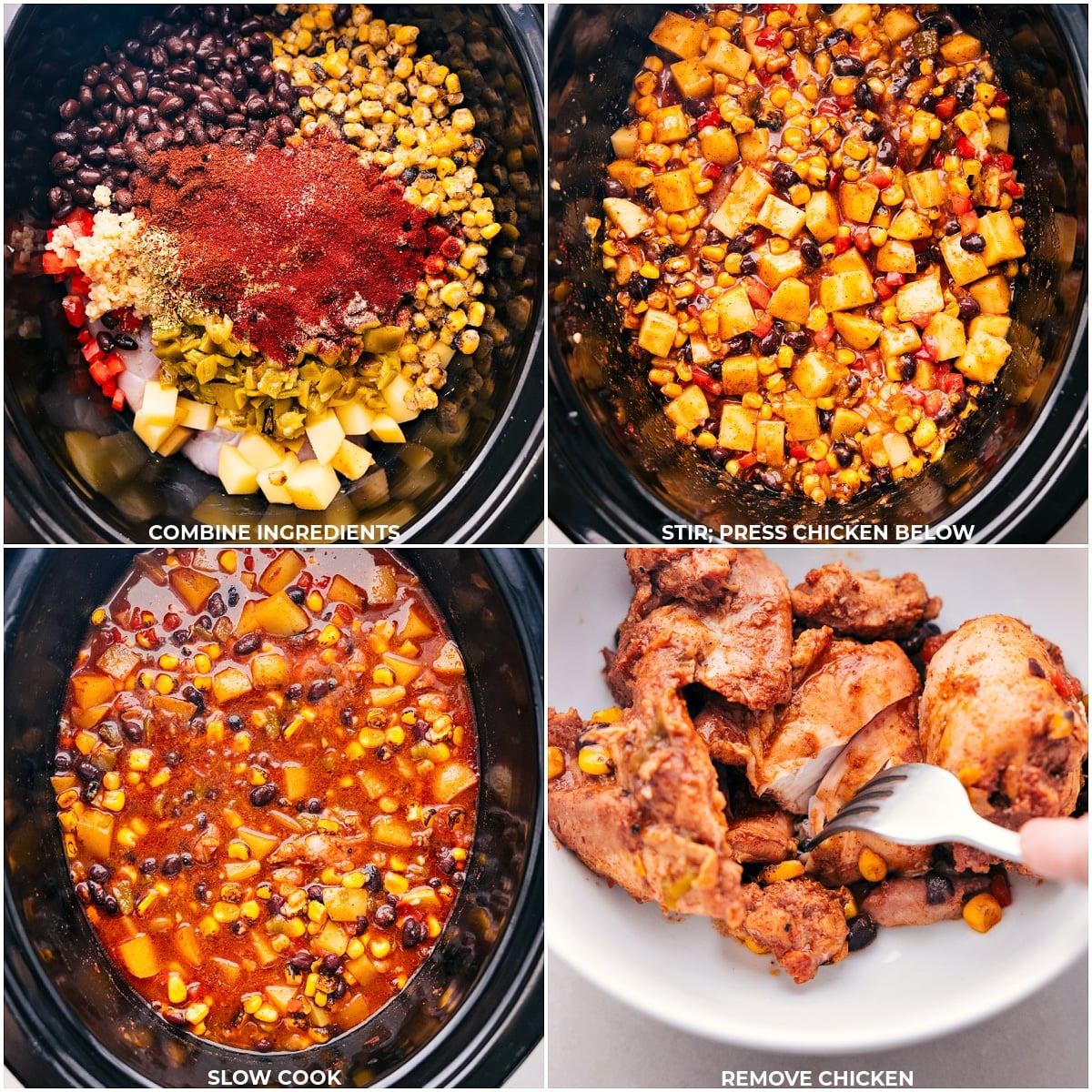 Preparing Southwestern Corn Chowder in Slow Cooker All ingredients, including peppers, potatoes, chicken, and spices, are combined and stirred in a slow cooker, with the chicken pressed below for slow cooking. The chicken is later removed for shredding.