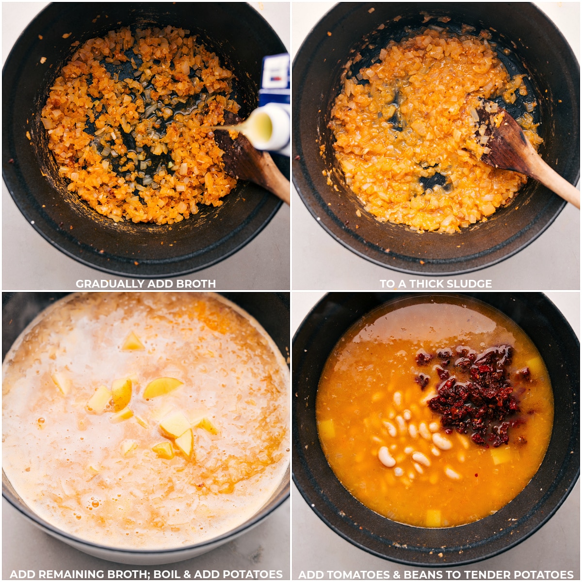 Adding Broth, Potatoes, Tomatoes, and Beans to Tuscan Sausage & Potato Soup Adding broth to the pot, stirring, bringing it to a boil, and then adding potatoes, tomatoes, and beans.