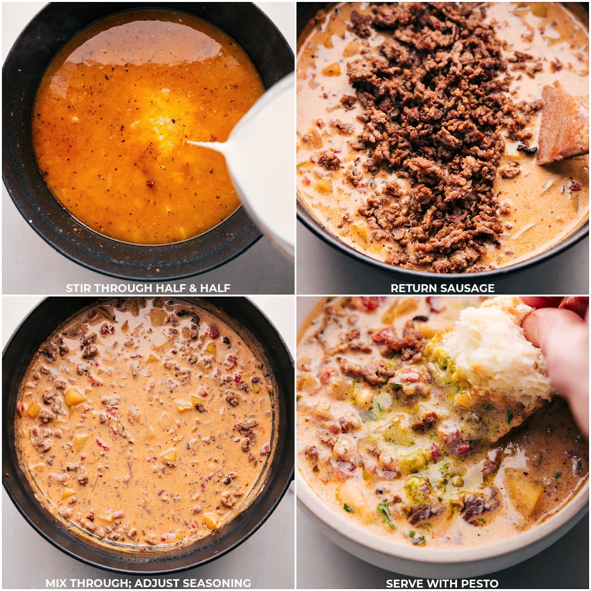 Adding Half and Half, Returning Sausage, and Serving Tuscan Sausage & Potato Soup Stirring in half-&-half, returning the sausage to the soup, mixing it through, and serving Tuscan Sausage and Potato Soup with a drizzle of pesto for added flavor.