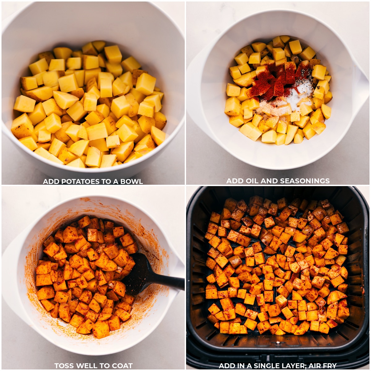 Quick and easy Air Fryer Breakfast Potatoes add flavor to your mornings. Photo showing the steps of making Air Fryer Breakfast Potatoes: Adding potatoes to a bowl along with oil and seasonings then adding everything to the air fryer.