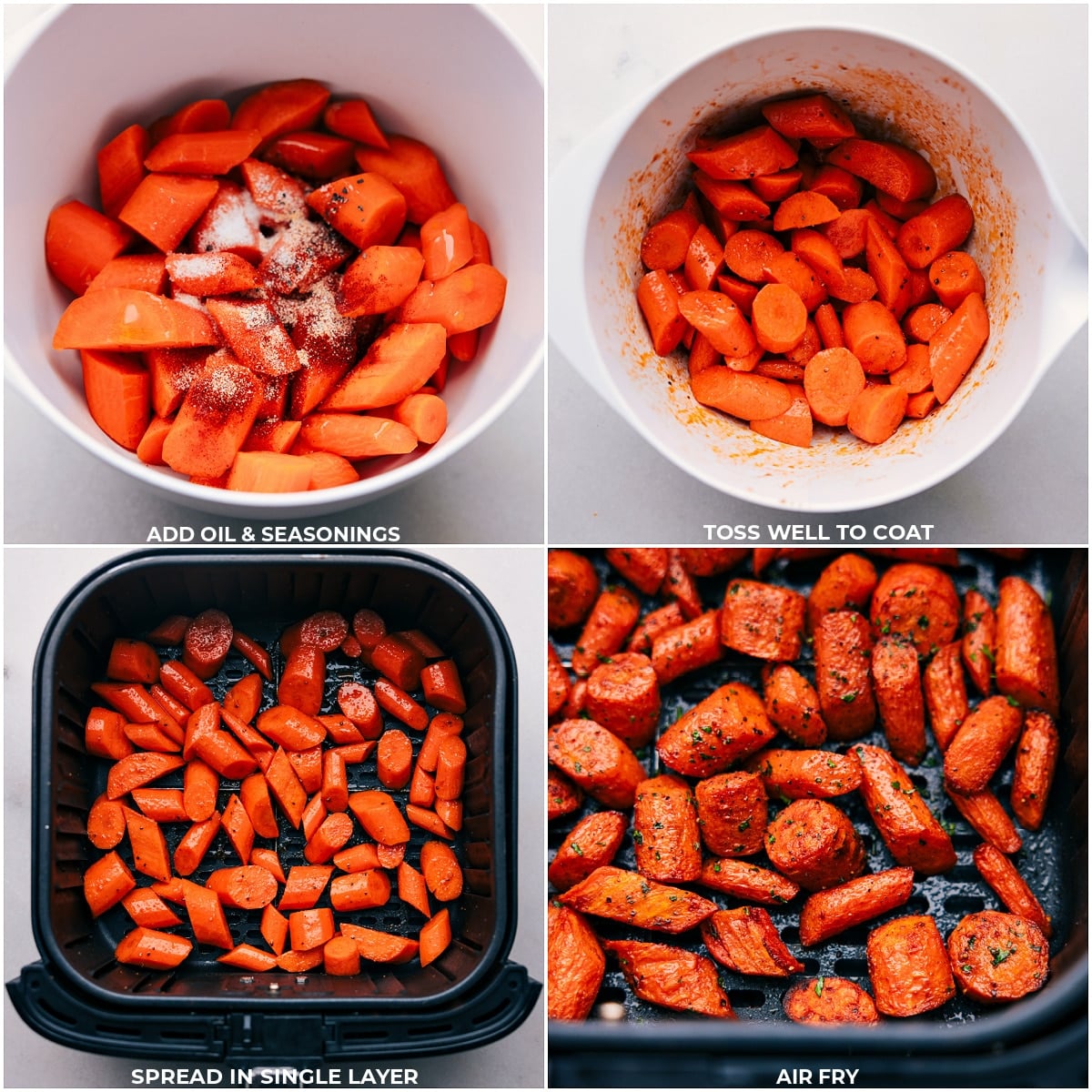 Oil and seasonings being added to the carrots and it all being air fried for these air fryer carrots.