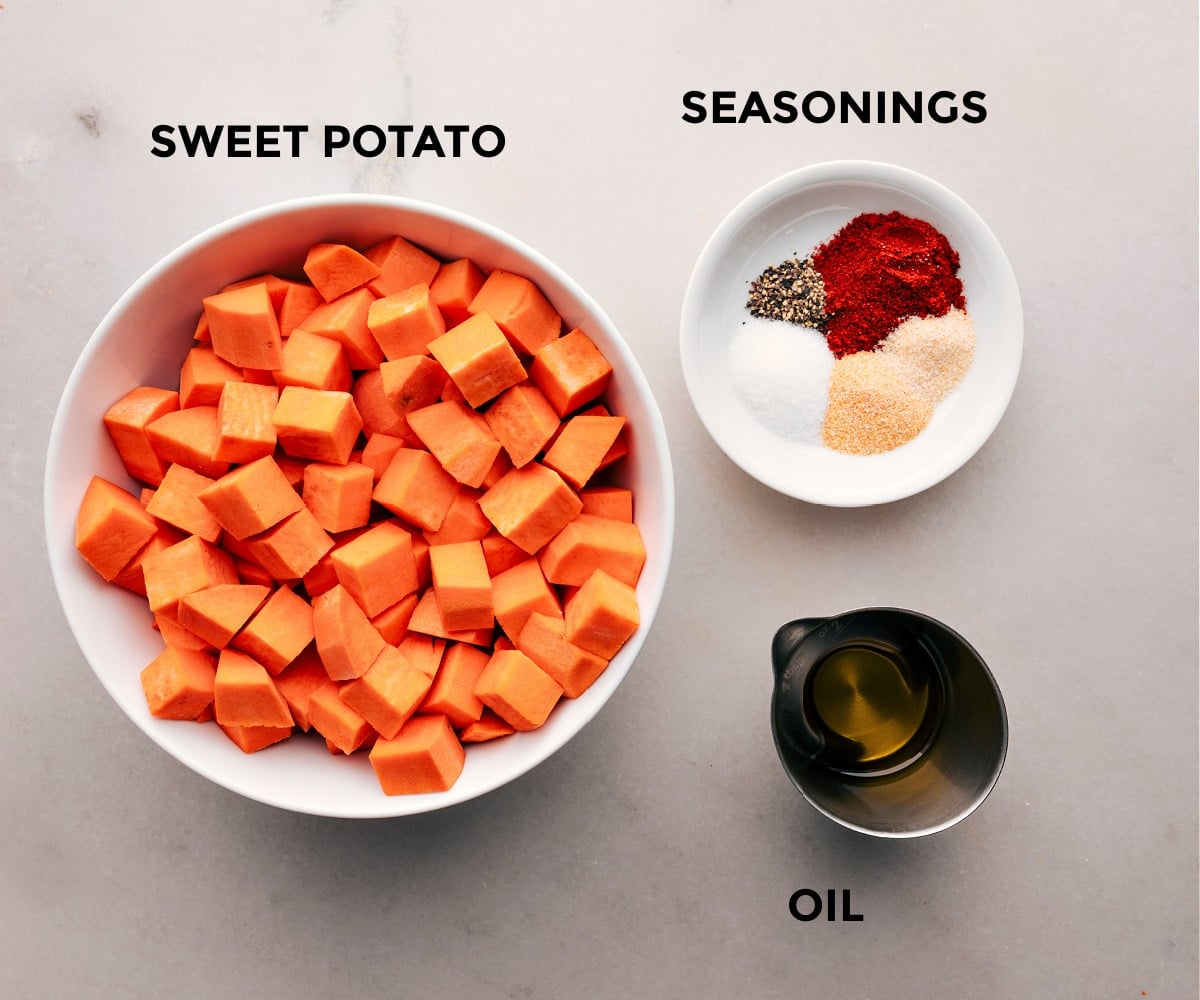 Ingredients In Air Fryer Sweet Potatoes Ingredients in this recipe prepped out for easy assembly.