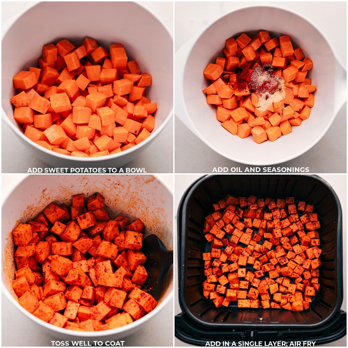 Air Fryer Sweet Potatoes Images showing the sweet potatoes chopped, prepped, and added to the air fryer for this recipe