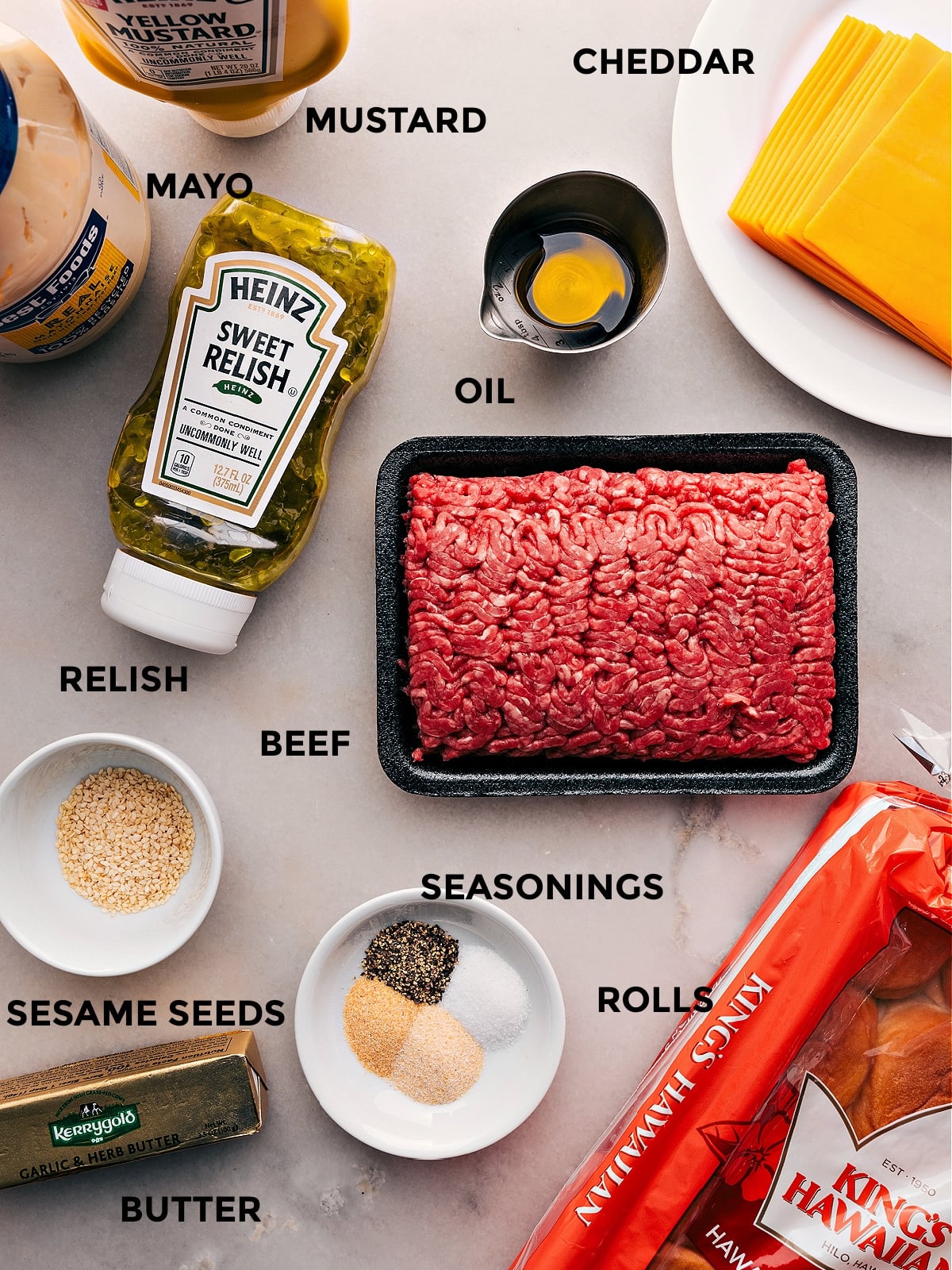 These quick and easy Cheeseburger Sliders require very basic ingredients. All the ingredients in this dish prepped out for easy preparation.
