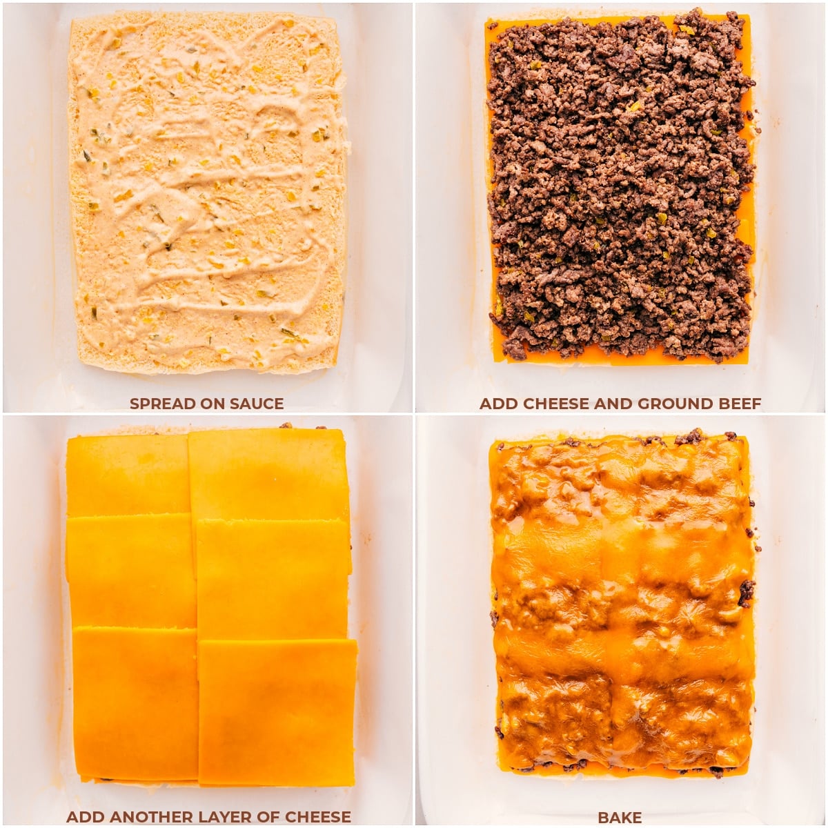 Our Favorite Cheeseburger Sliders Process shots of layering on the ingredients on the rolls, sauce, cheese, beef, then cheese again, and it all being baked.
