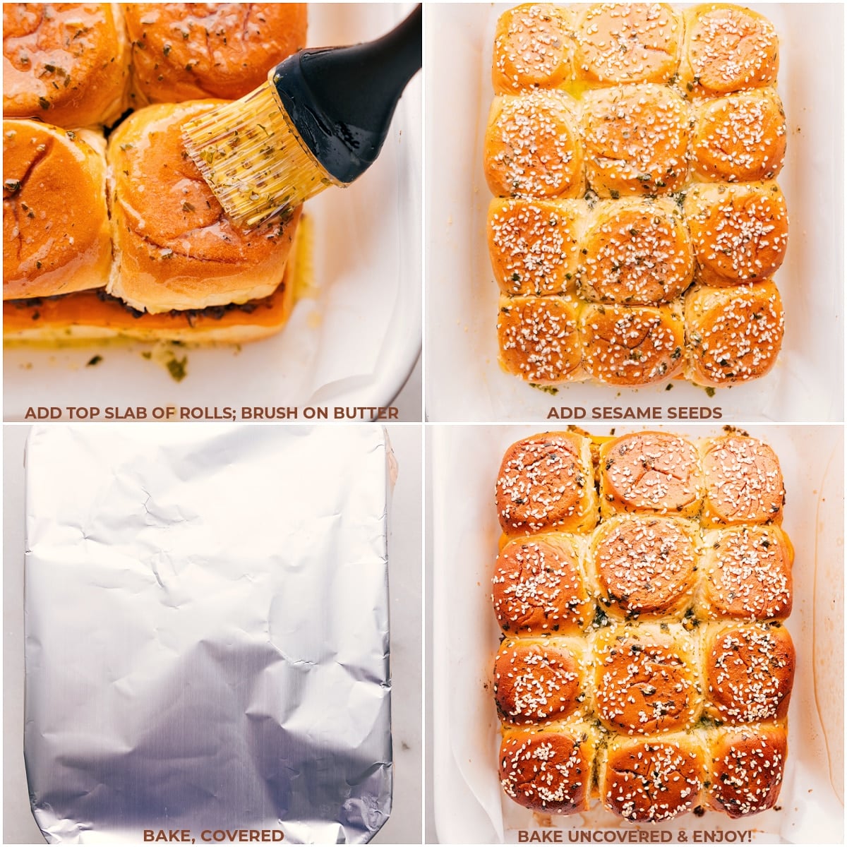 Baking Cheeseburger Sliders The rolls being buttered and the Cheeseburger Sliders being baked.