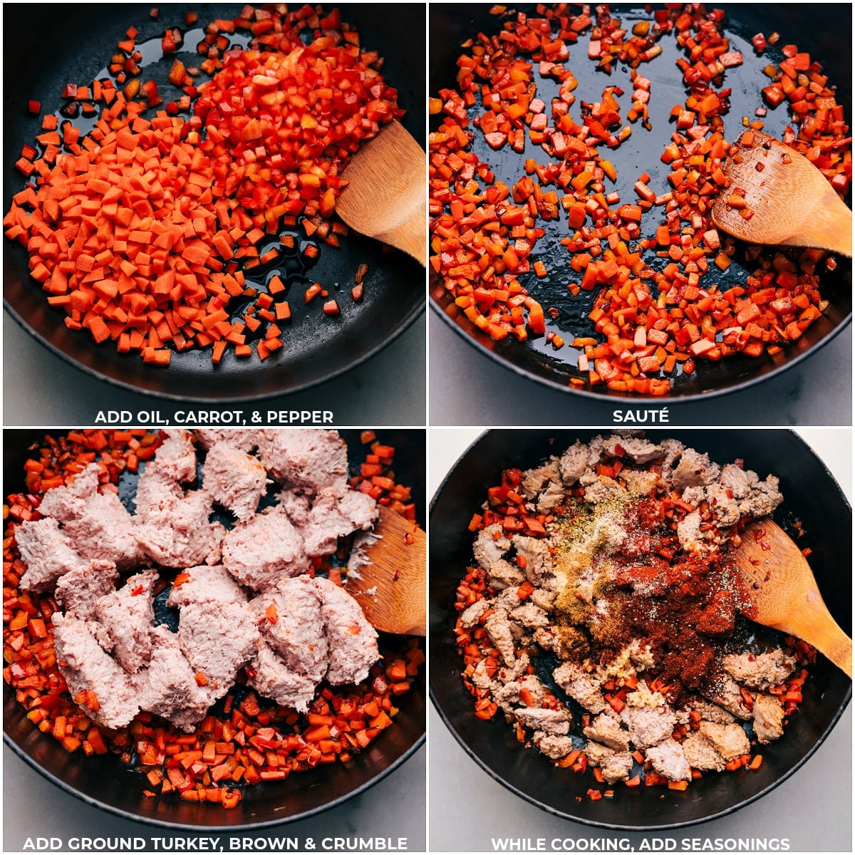 Our Favorite Ground Turkey Meal Prep Oil, carrots, pepper, ground turkey, and seasonings being added to a skillet for this ground turkey meal prep.