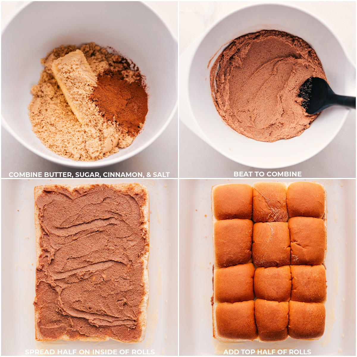 Hawaiian Roll Cinnamon Rolls Being Made Sugar, butter, cinnamon, and salt being combined for the filling and outside of the rolls in these Hawaiian Roll Cinnamon Rolls.