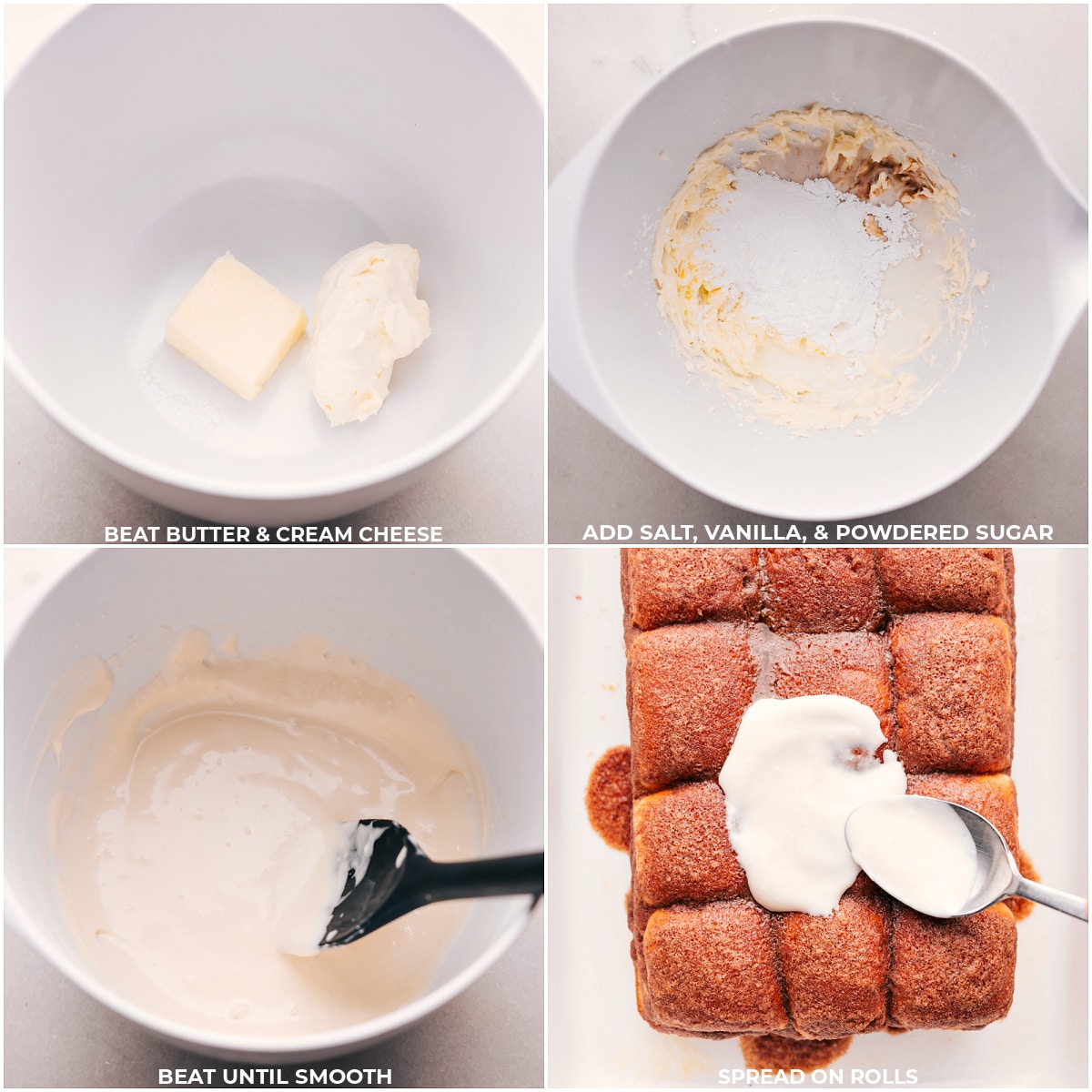 Making Glaze For Hawaiian Roll Cinnamon Rolls Butter, cream cheese, salt, vanilla, and powdered sugar being combined for the glaze on these Hawaiian Roll Cinnamon Rolls.