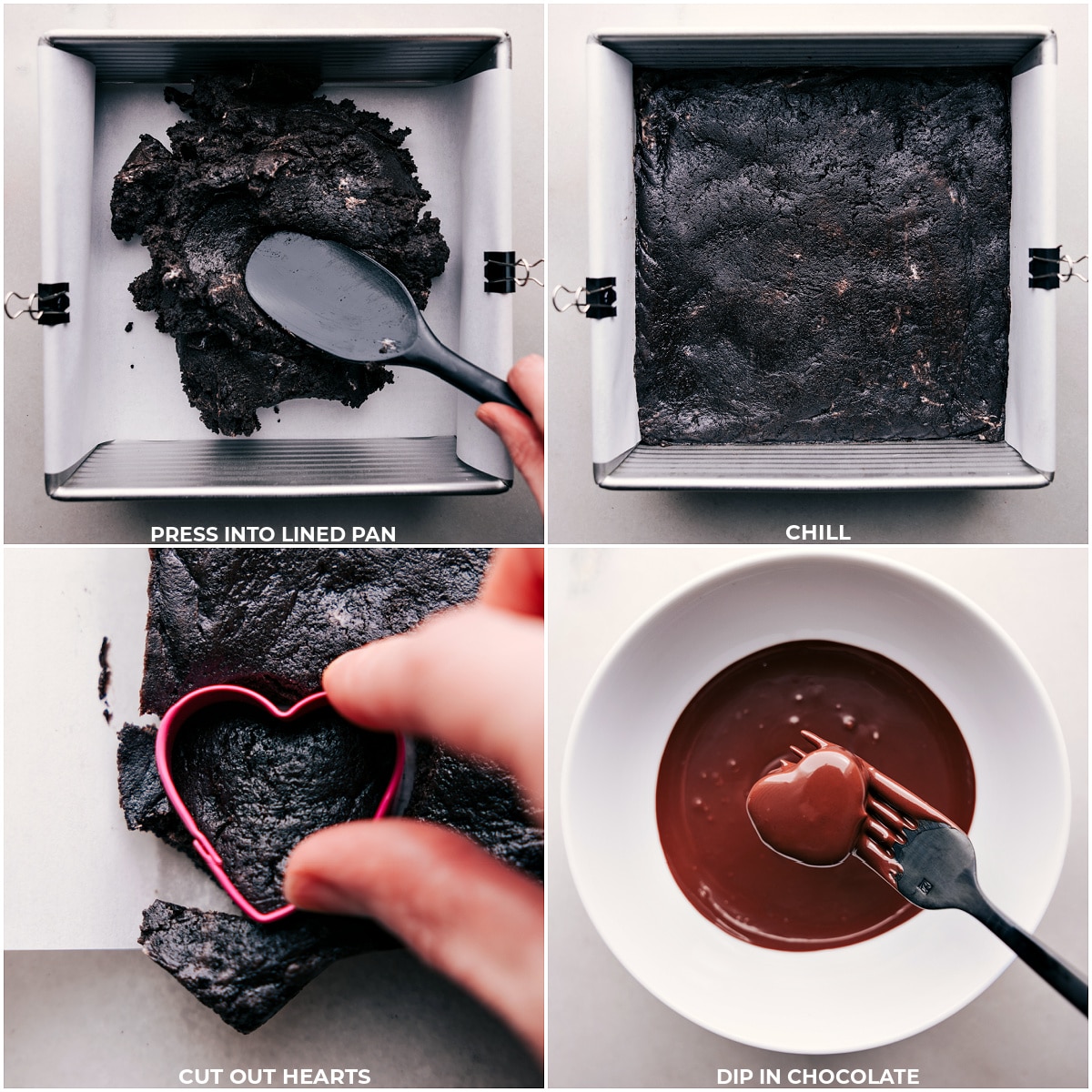 Heart Oreo Truffles For Valentines Day The treats being cut out and dipped in chocolate.