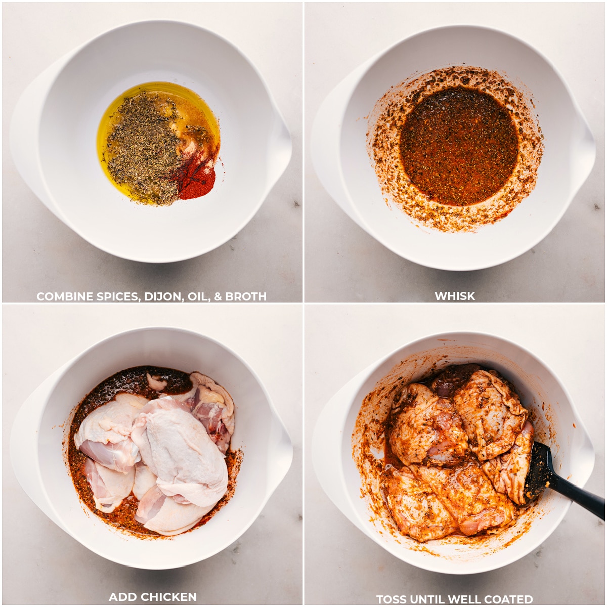 Making One-Pan Chicken And Potatoes Combining the marinade ingredients; adding the chicken it for One-Pan Chicken and Potatoes