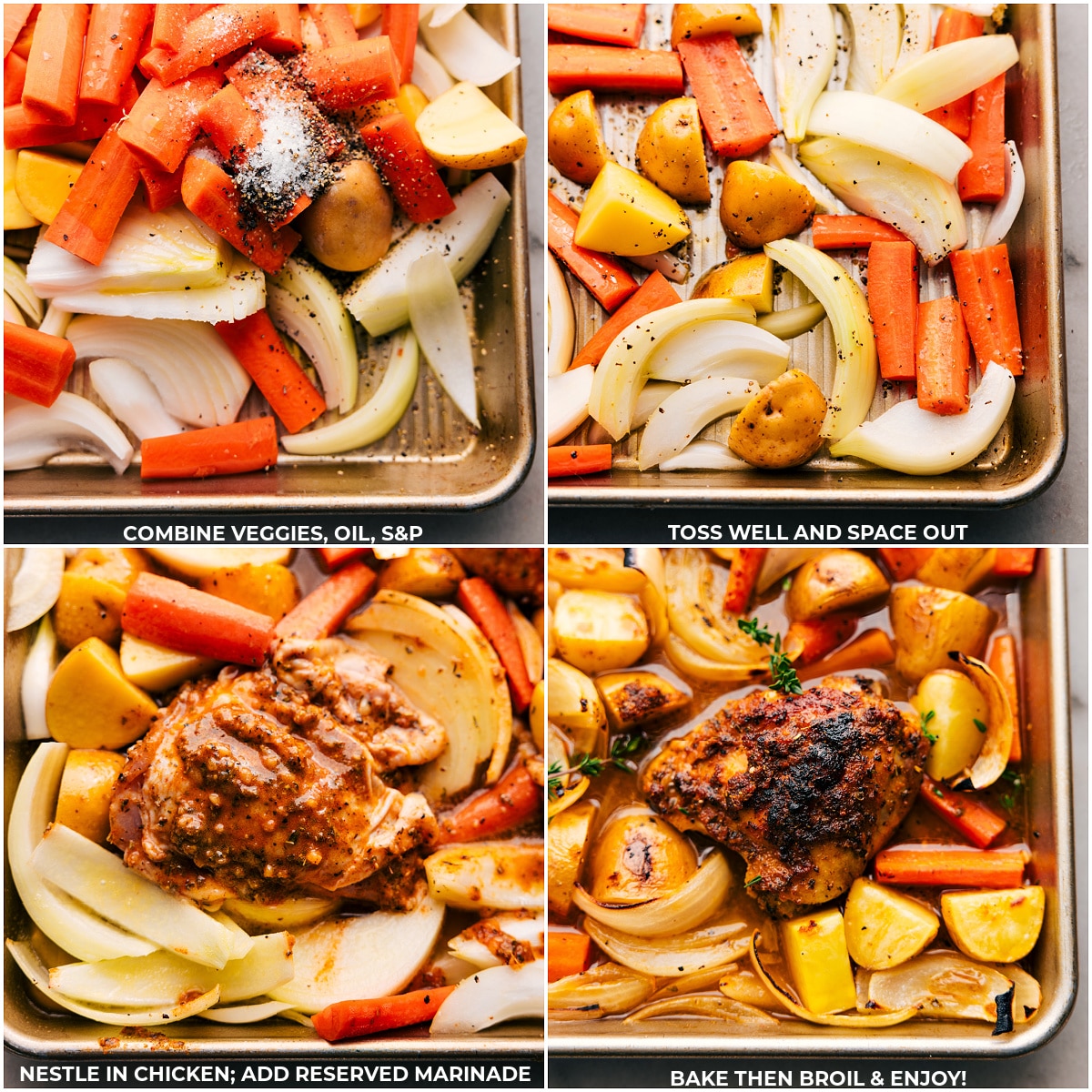 One-Pan Chicken And Potatoes Are The Best All the veggies and meat being added to the pan and it all being baked.