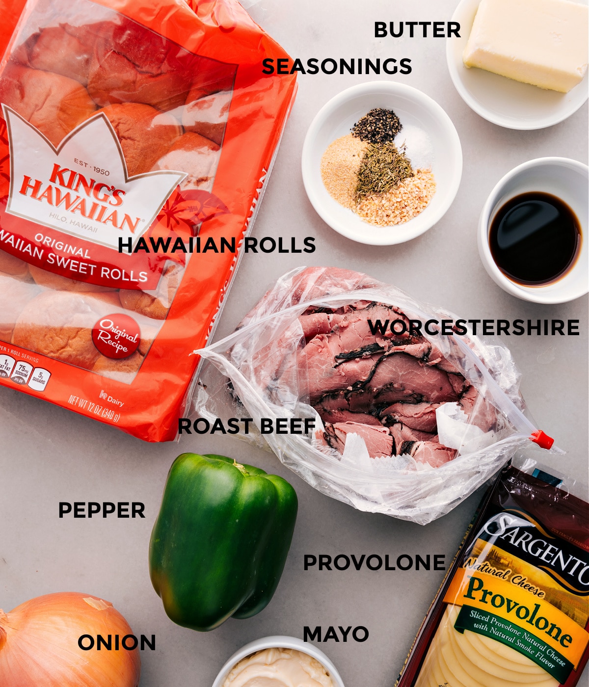 Ingredients In Philly Cheesesteak Sliders All the ingredients in this recipe prepped out for easy assembly.