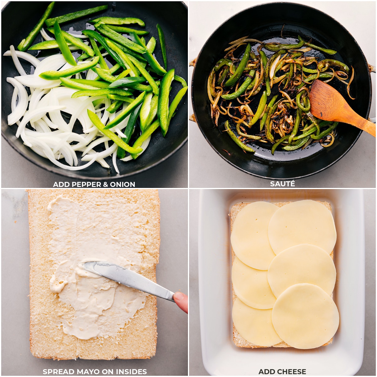 Assembling Philly Cheesesteak Sliders Sautรฉing the veggies and layering mayo and cheese on the buns for these Philly Cheesesteak Sliders.