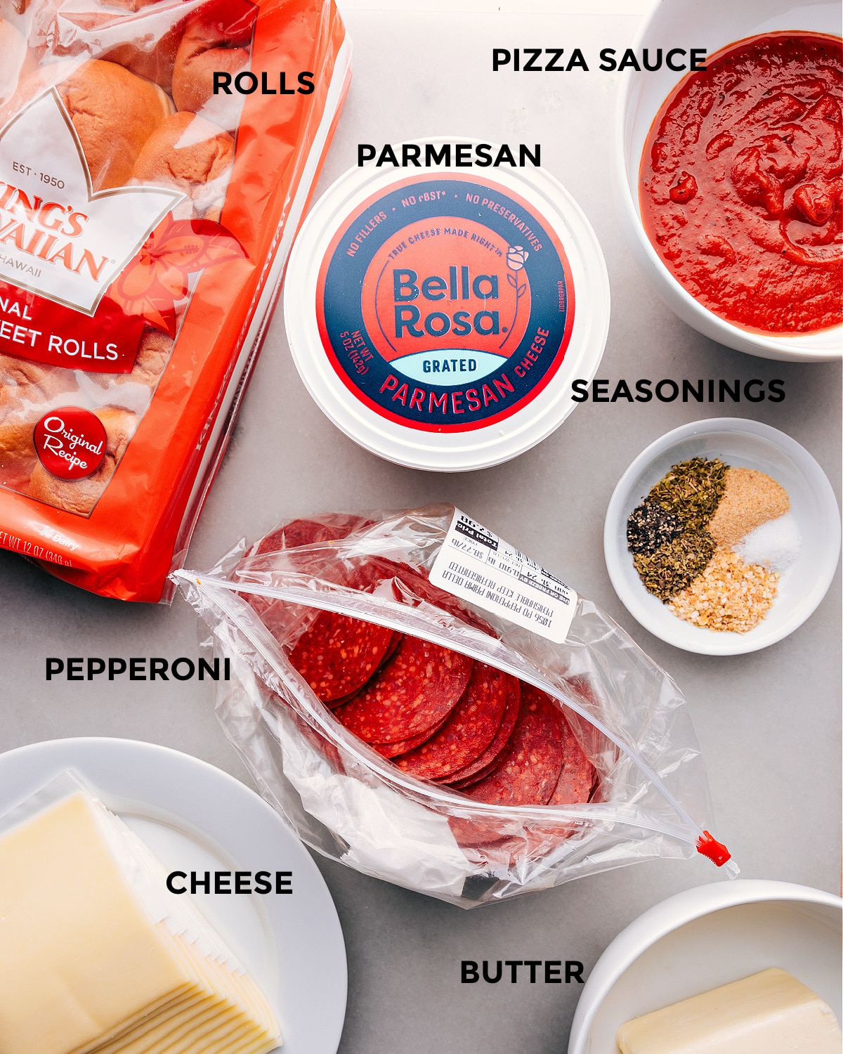 Pizza Sliders All the ingredients in this dish laid out for easy preparation.