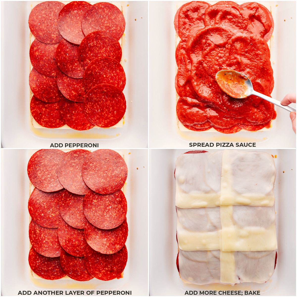 Game Day Pizza Sliders Pepperoni, sauce, and cheese being layered on the dish.