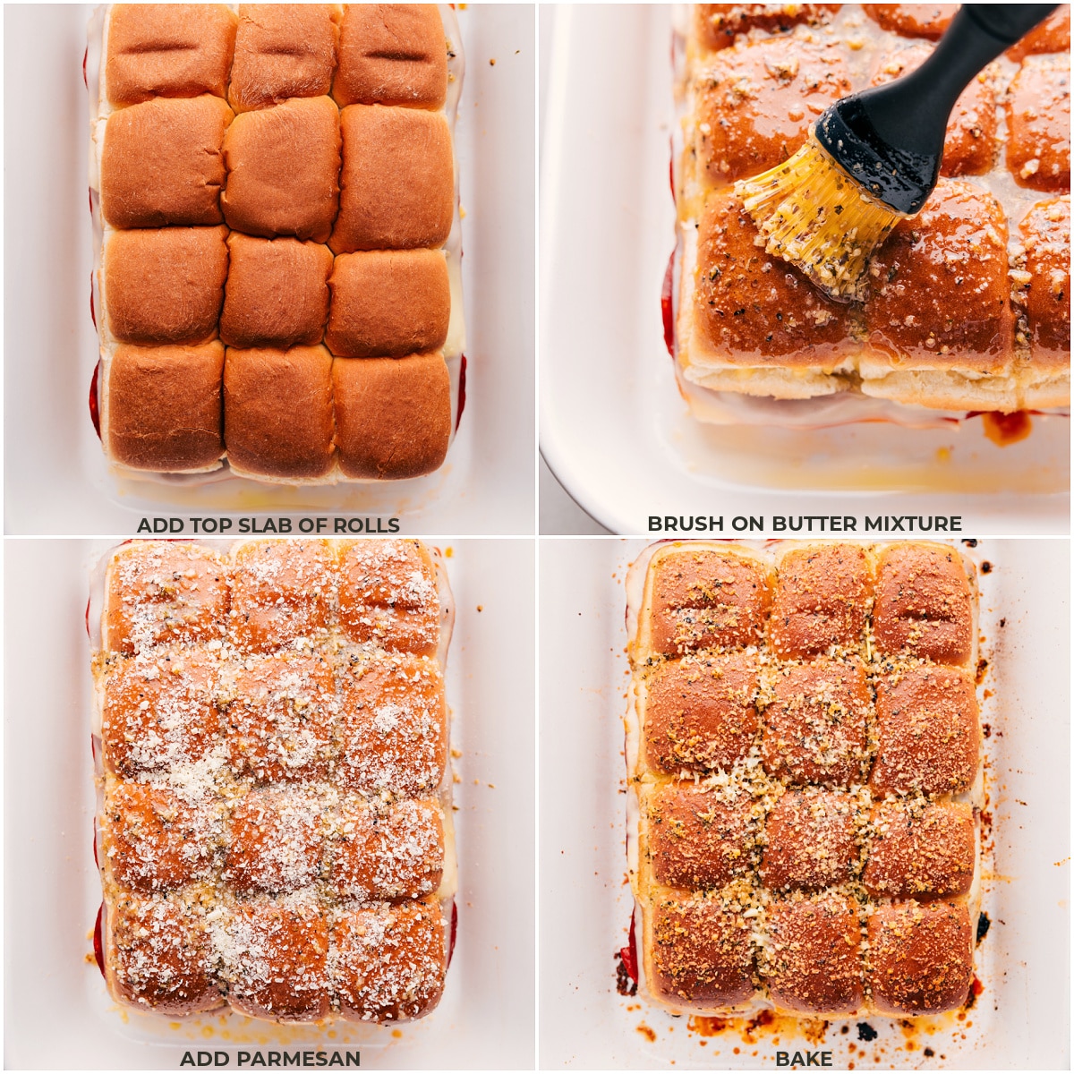 The Very Best Pizza Sliders The top slab of rolls being added on top and butter being spread on top of everything and the Pizza Sliders being baked.