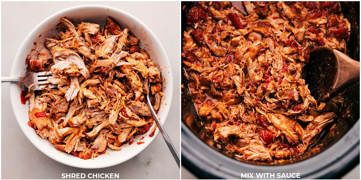 Our Favorite Salsa Chicken Crockpot Dinner Chicken being shredded and added back into the slow cooker