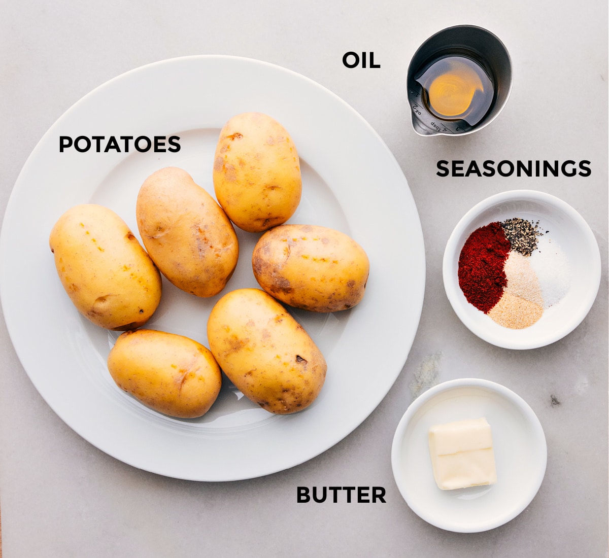 Skillet Breakfast Potatoes All the ingredients used in this recipe prepped out for easy preparation.