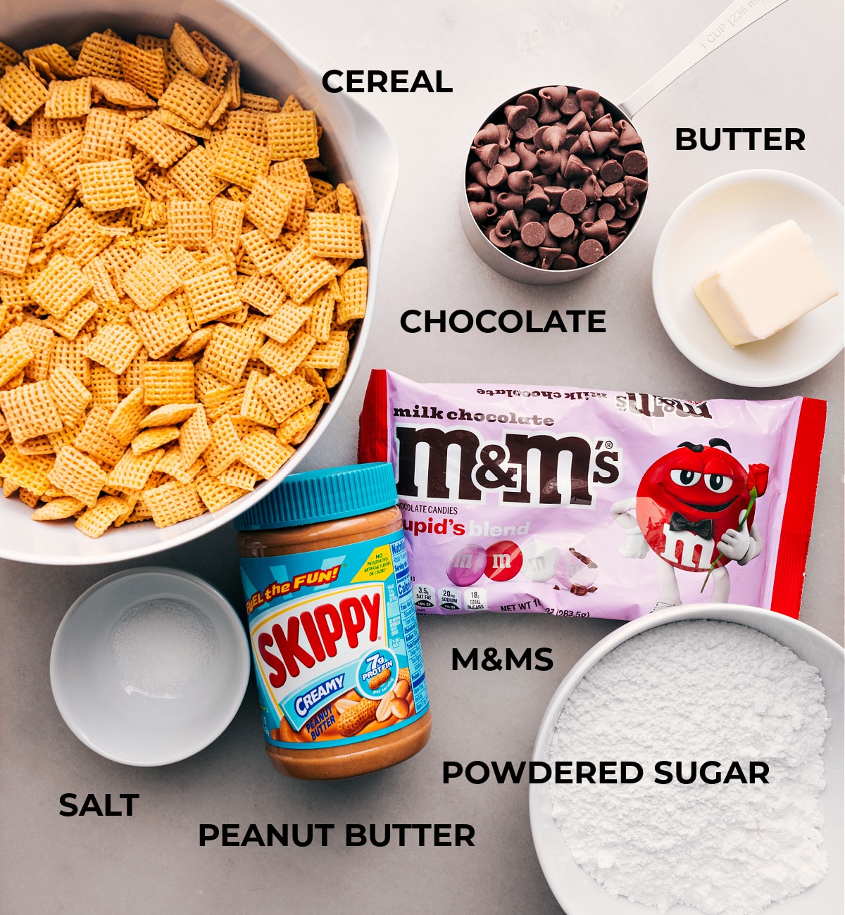 The Best Valentine Snack Mix All the ingredients laid out for easy assembly.
