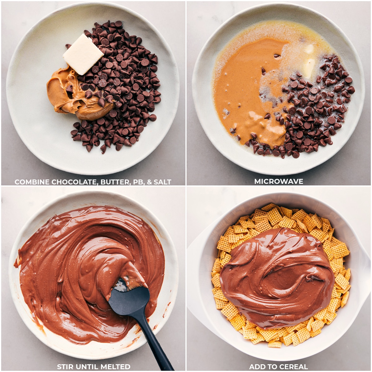 Making Valentine Muddy Buddies Melting together chocolate, peanut butter, butter, & salt then adding that to the cereal for Valentine Muddy Buddies.