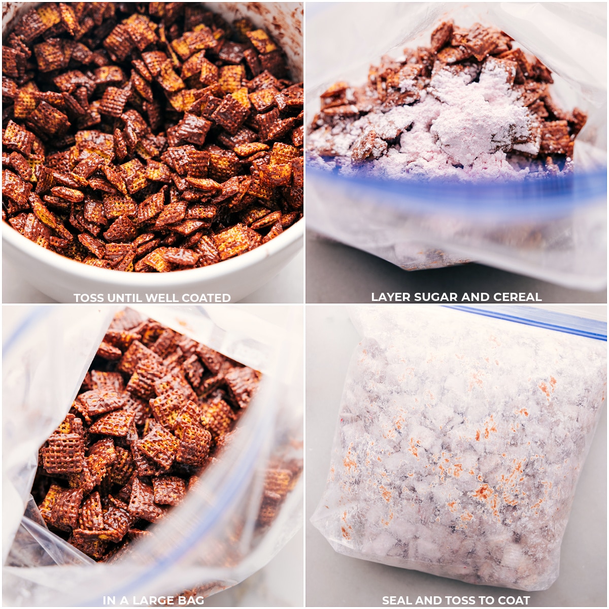 Valentine Snack Mix Adding the mix into a plastic bag and mixing in sugar with it.