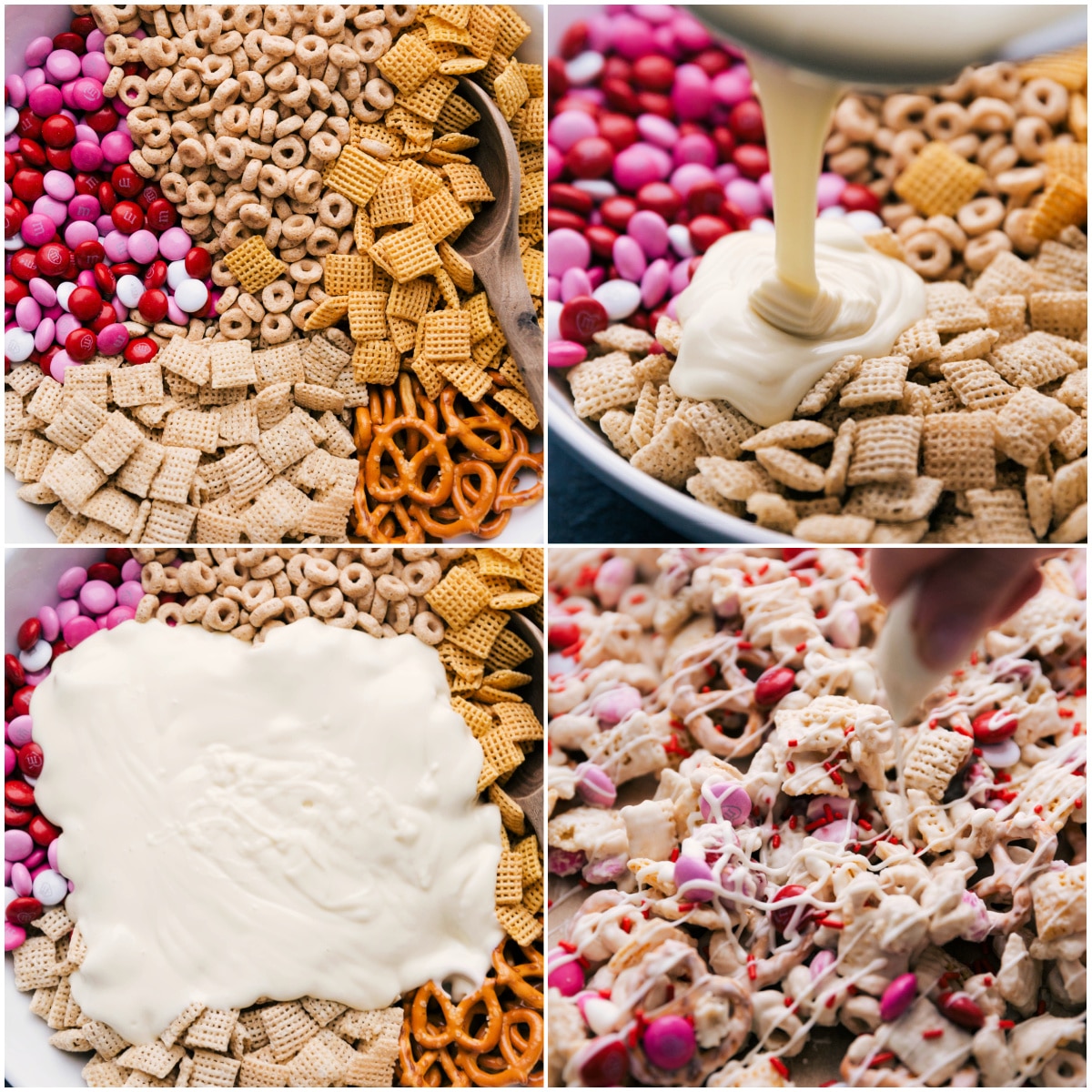 Valentine Snack Mix Adding all the ingredients to a bowl and it all being mixed together.