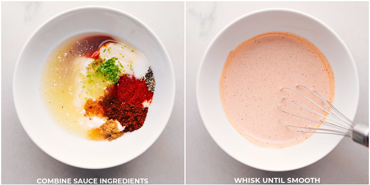 Sauce Being Made For Black Bean Burrito Bowls Sauce ingredients being combined in a bowl.