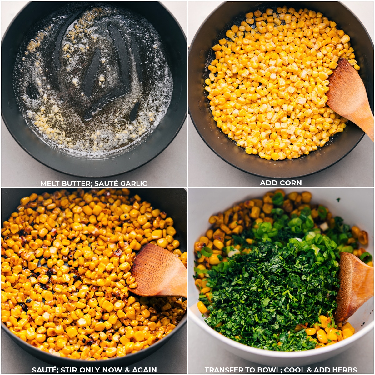 Our Favorite Black Bean Burrito Bowls Corn being charred, then all the herbs being being together.