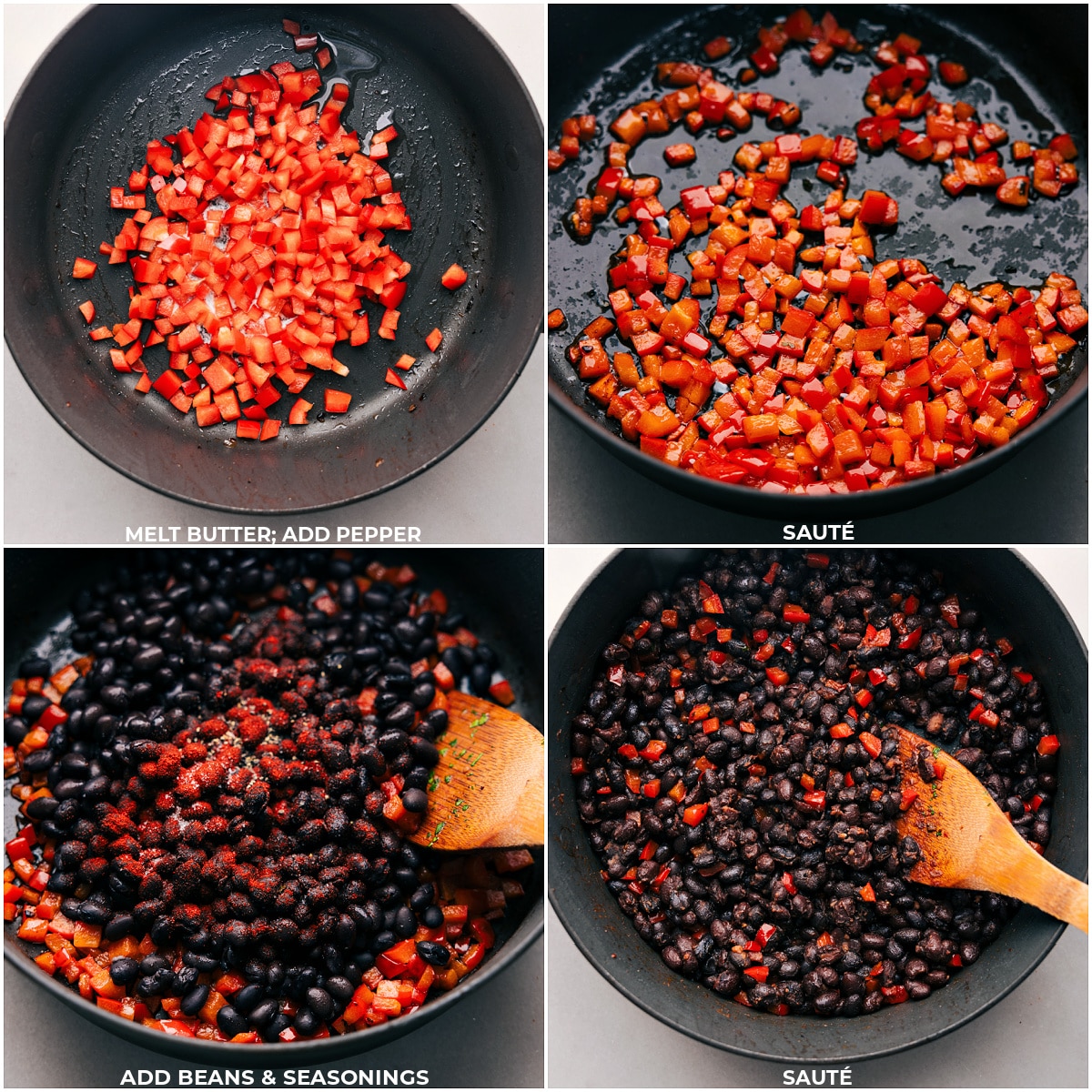 Best Black Bean Burrito Bowls Peppers, beans, and seasonings being sautรฉed for these Black Bean Burrito bowls.