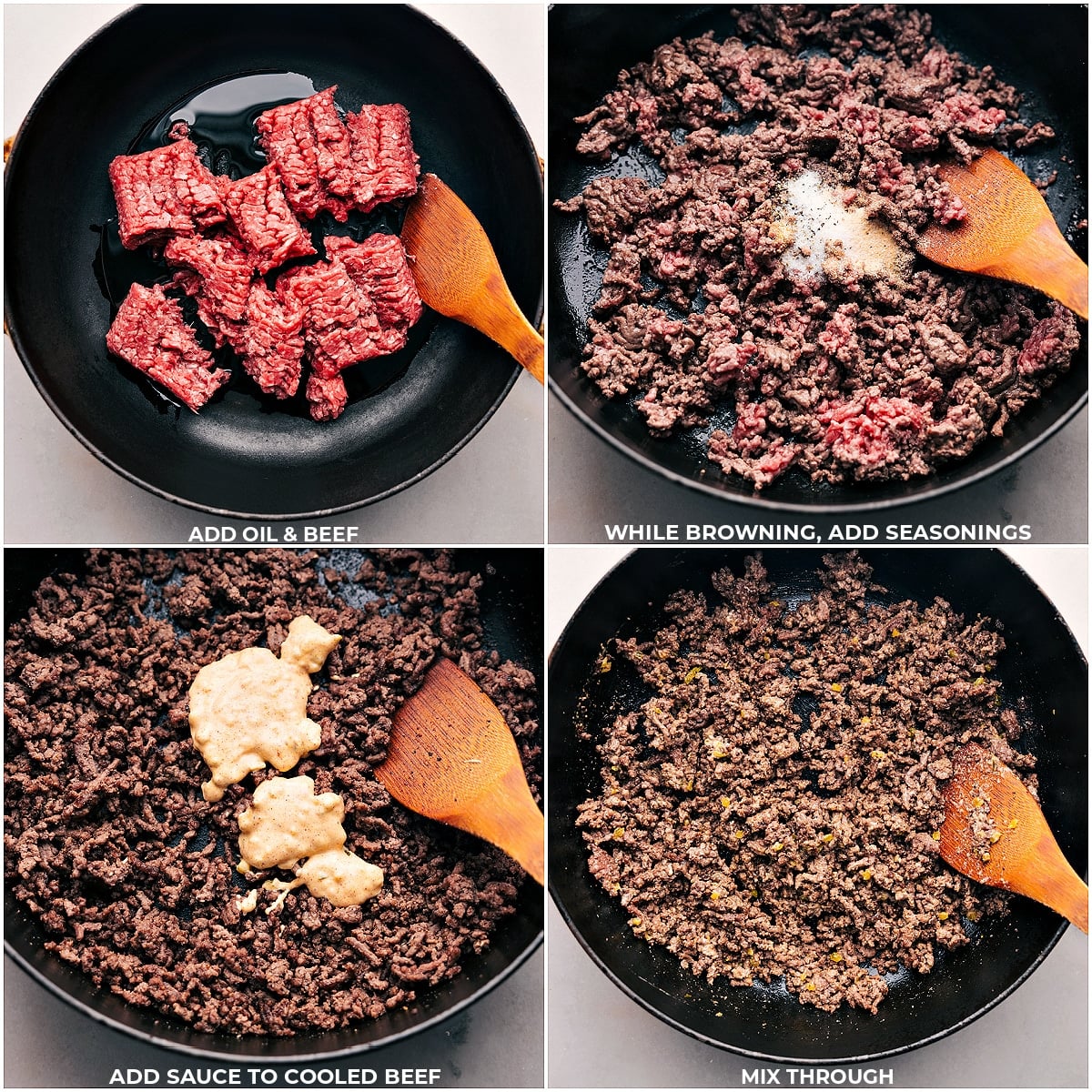 Cheeseburger Sliders Browning the oil and beef, then adding the sauce to the cooled beef for these cheeseburger sliders.