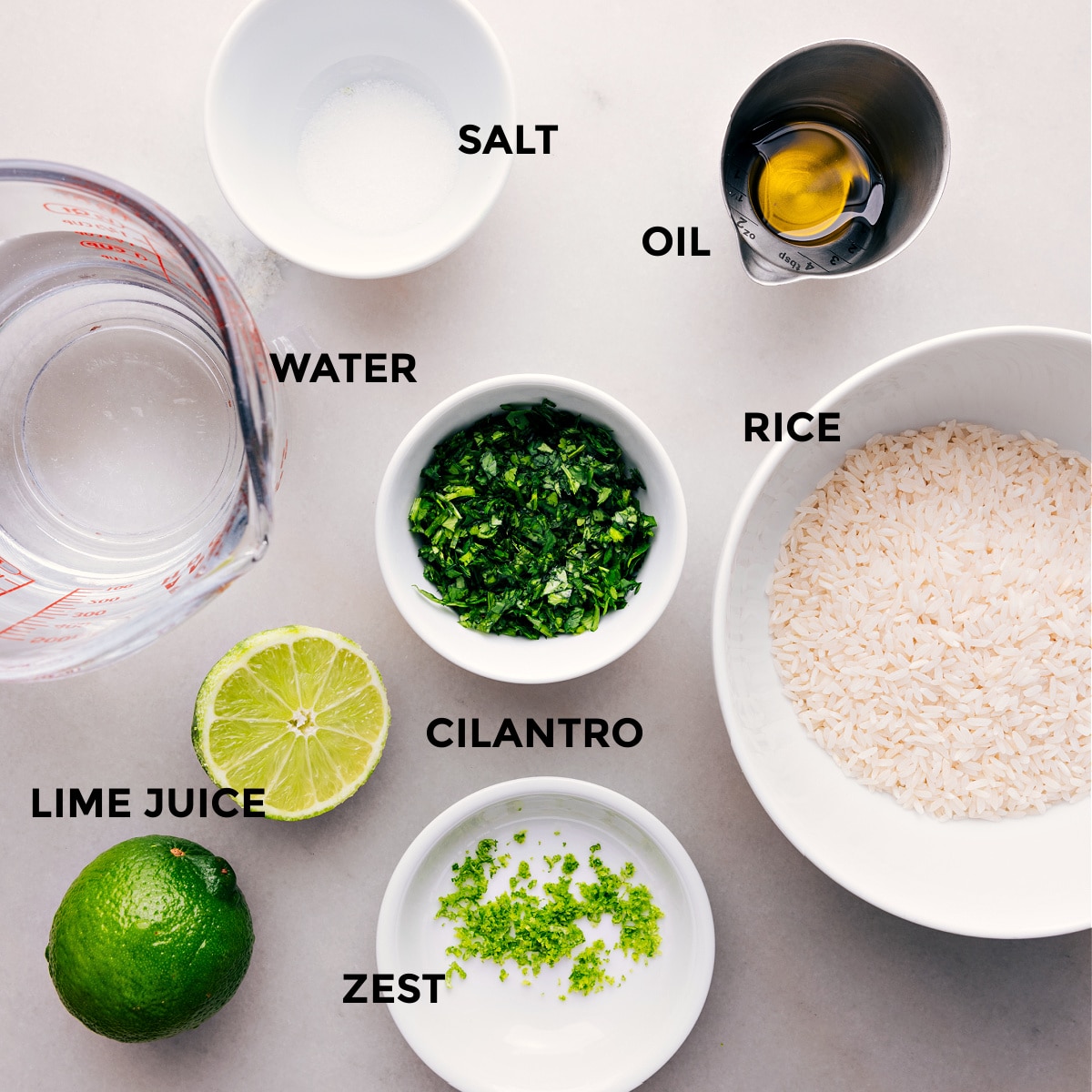 Our Favorite Cilantro-Lime Rice All the ingredients used in this recipe prepped out for easy assembly.