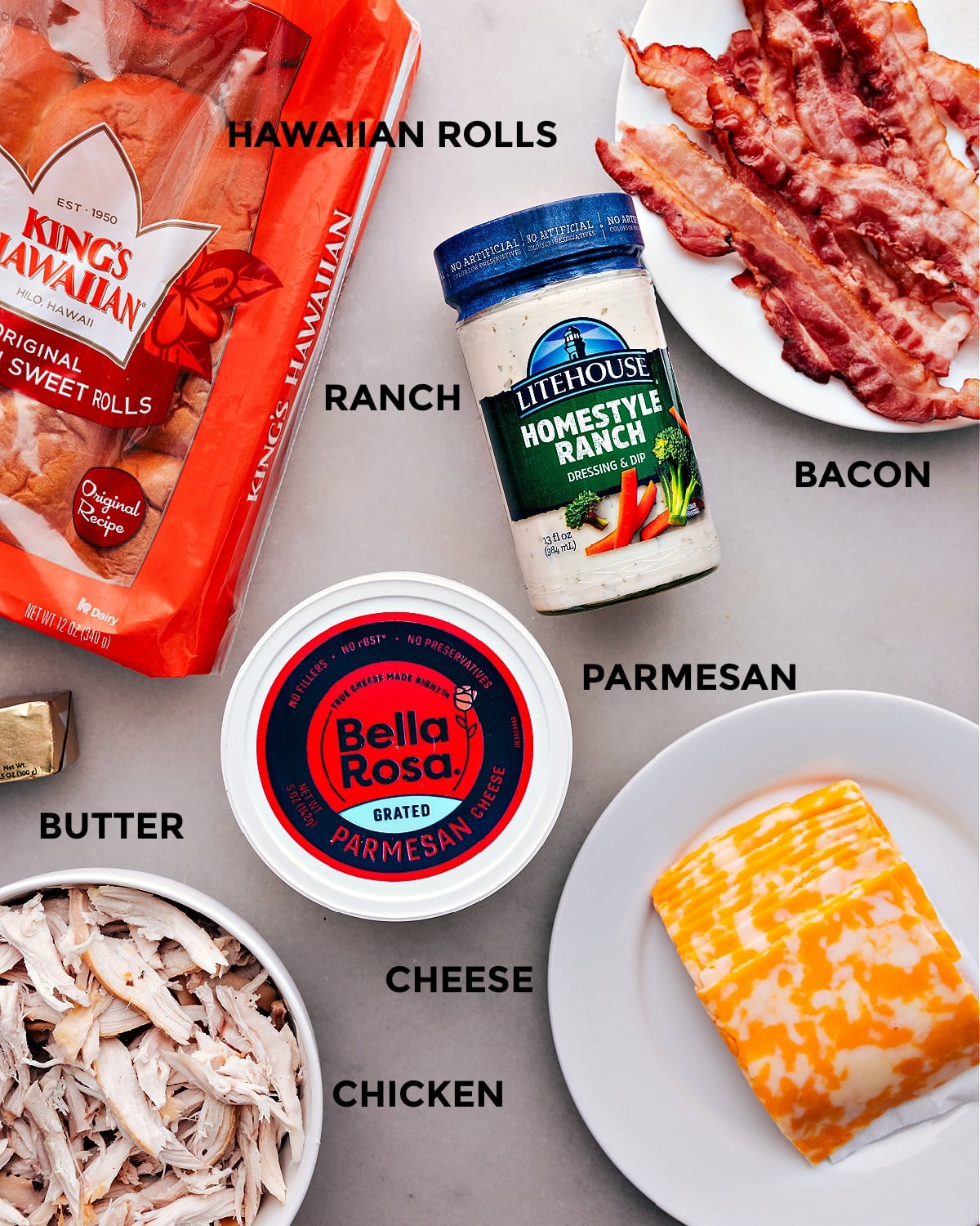 The Best Chicken Bacon Ranch Sliders Ingredients for the dish prepped out for easy preparation.