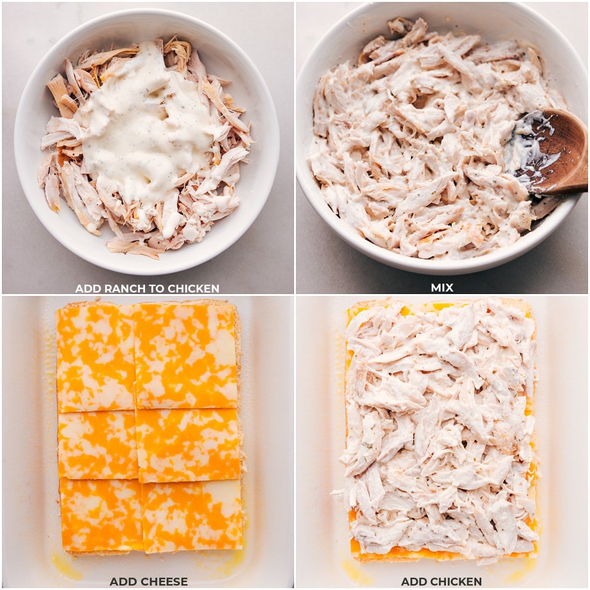 Best Chicken Bacon Ranch Sliders Ranch being added to the chicken and then the cheese and chicken being layered into the Chicken Bacon Ranch Sliders.