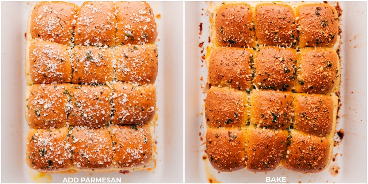 Life Changing Chicken Bacon Ranch Sliders Parmesan cheese added to the top of the sliders.