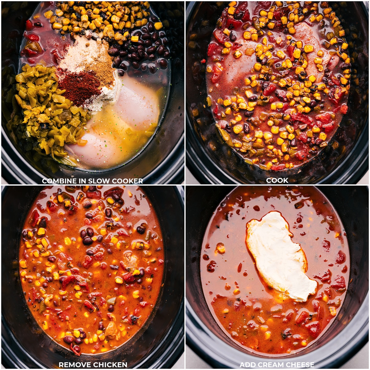 Our Favorite Crack Chicken Chili All the ingredients being added to the slow cooker and it all being cooked for this crack chicken chili.
