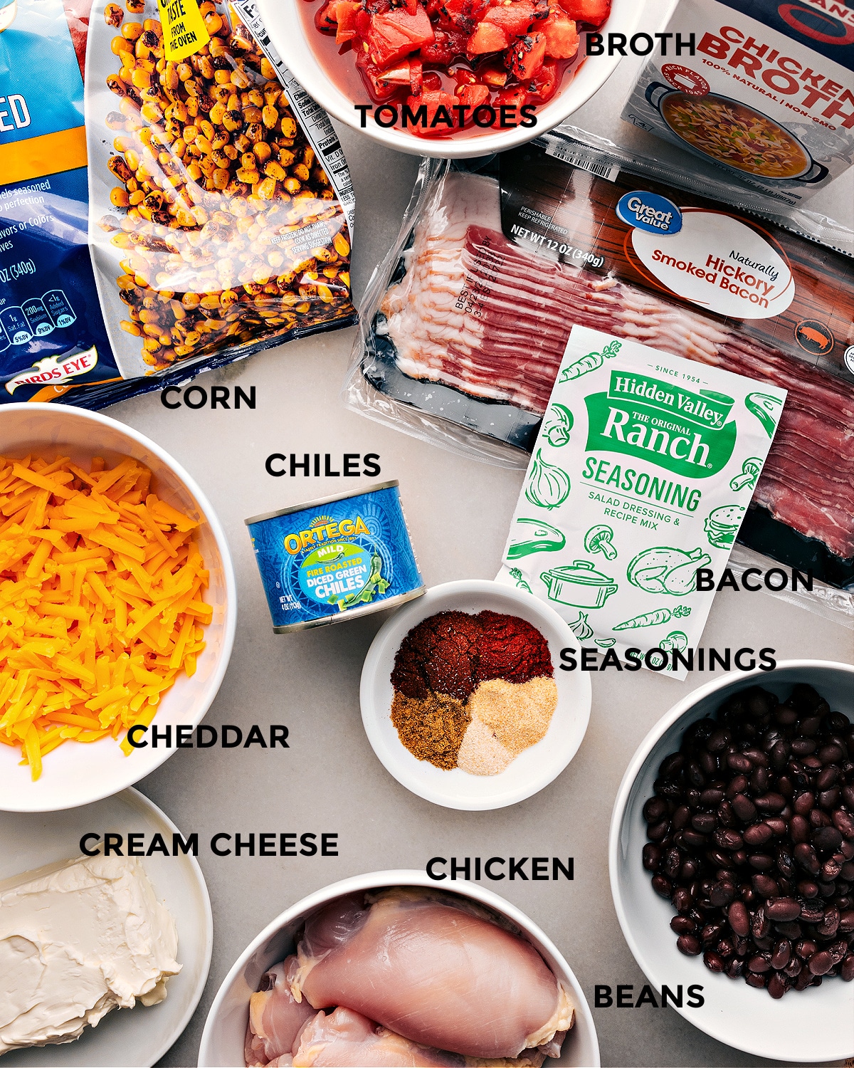 Crockpot Crack Chicken Chili All the ingredients used in this recipe prepped out for easy preparation.