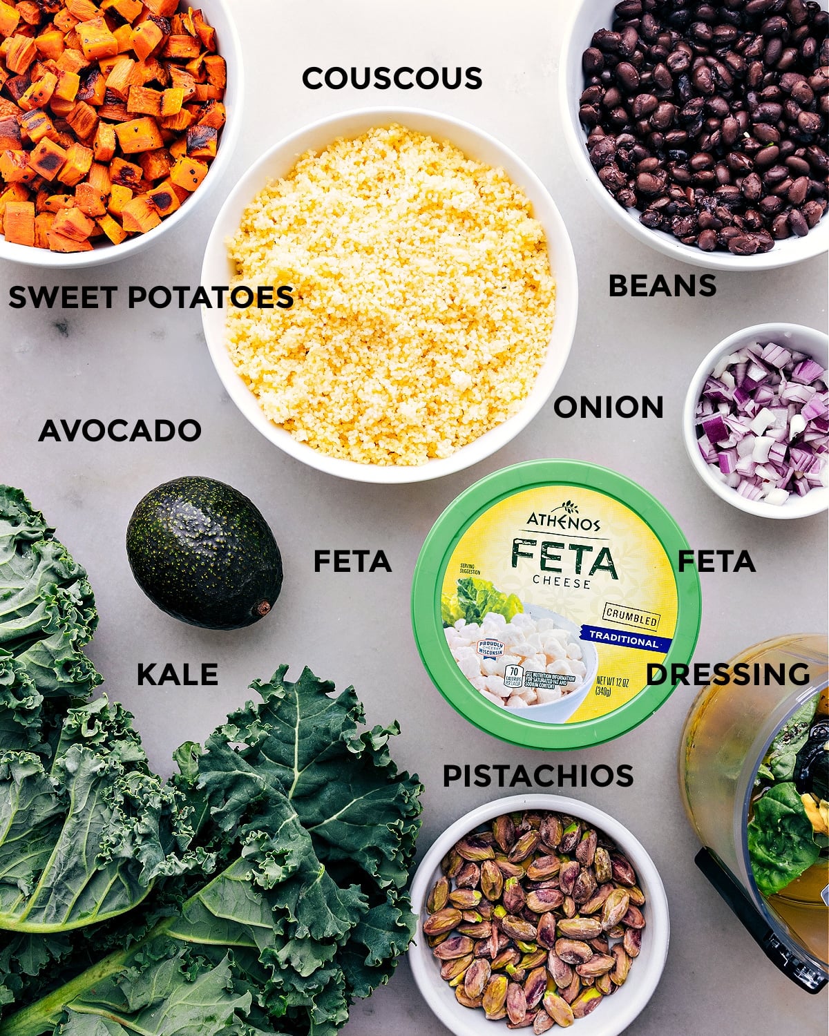 Ingredients In Kale Sweet Potato Salad All the ingredients in this recipe prepped out for easy assembly.